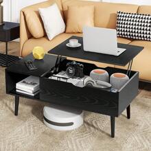 Mesa de Centro Elevable, Mesa Centro con Compartimentos Ocultos y Estante de Almacenamiento, para Salón, 50 x 100 x (45-60 cm), Negro con Veta de Mader, Mesa de Centro para Sala Elevable de Madera - Negro - Ver 12