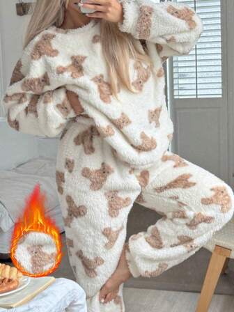 Nina Bonheur 2 piezas Conjunto de ropa de estar en casa con top de felpa impresa y pantalones casuales, ropa de estar en casa linda, ropa de invierno, esponjosa
