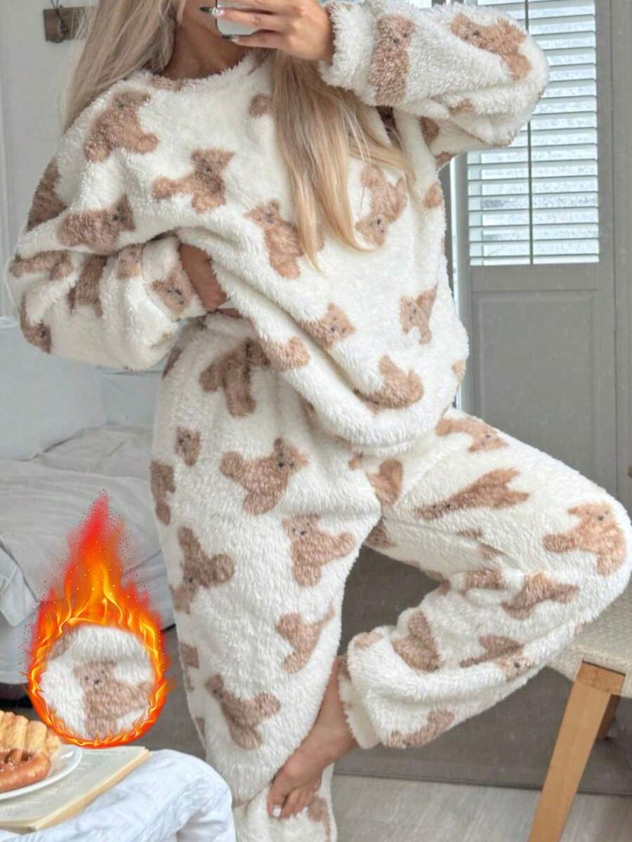 Nina Bonheur 2pcs Women Cozy Fleece Printed Top And Casual Pants Lounge Set, Cute Loungewear, Winter Clothes, Fluffy - White - View 1