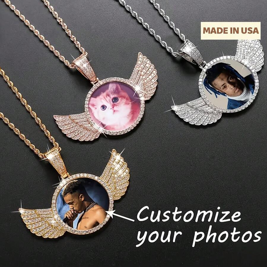 1 Custom Photo Round Necklace With Chain - Vintage Bohemian Style Rhinestone Wing Pendant, Personalized Women's Jewelry Gift, Valentine's Day Gift, Casual Outfit, Gold Metal Craftsmanship, Nostalgic Souvenir, Bohemian Style, Exquisite Handcraft, Fashion Accessory - Multicolor - View 1