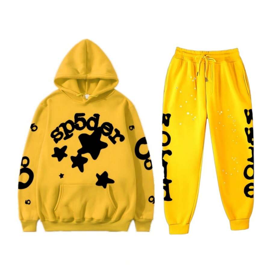 Men's Hip Hop Letter Printed Harajuku Retro Hoodie Long Sleeve Pants Set Joint Set For Men And Women 2PC Hoodies - Màu vàng - Xem 1