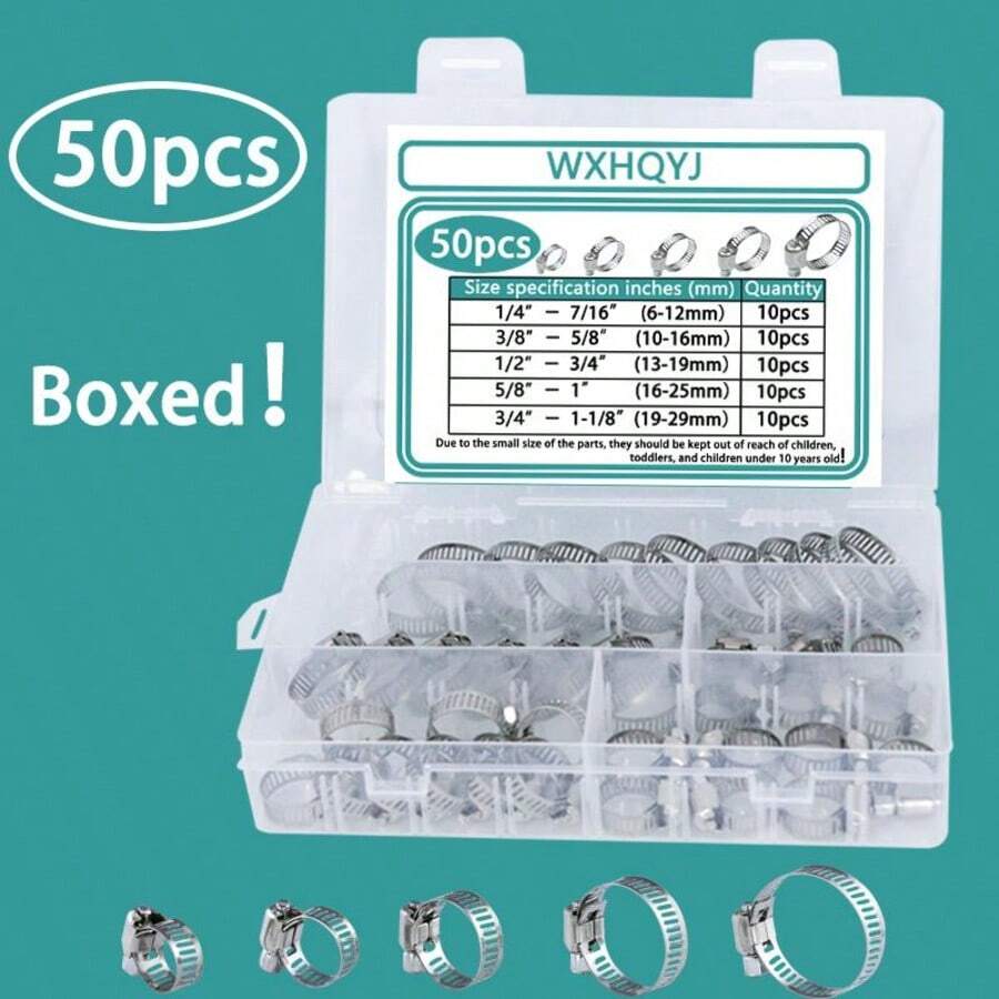 Set di fascette stringitubo in acciaio inossidabile, regolabili da 6 mm a 29 mm, fascette stringitubo in metallo a vite senza fine per tubi, auto, macchinari - set da 50 pezzi - Visualizzare 1