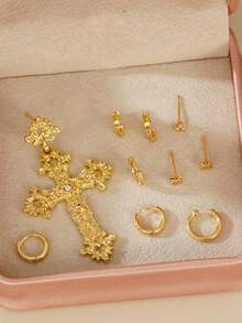 10件套复古金色耳饰套装 - 多款耳环，包括十字架吊坠、星星耳钉和耳夹，适合女性佩戴，打造个性耳部造型。 - 金黃色 - 查看 6