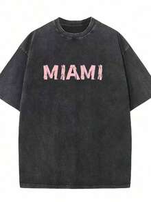 2026 Women's ClothesMen's Retro Loose T-Shirt - Washed Black With Pink Miami Pattern Print, Soft Crew Neck Casual Street Style, All-Season Comfortable Machine Washable Nostalgic Style Short Sleeve - Unisex Plus Size TopLoose And Comfortablesummer Shirts - 黑色 - 查看 7