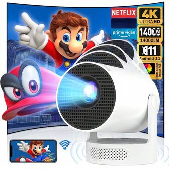 HY300 Smart Android 11 Mini Manual Focus Adjustment IPhone-Compatible Projector | 4K/1080P Support, WiFi6 And BT 5.0 Portable Home Theatre With Auto Level Correction, Outdoor Movie Projector Use In Low-Light Conditions. (White,European Plugs)