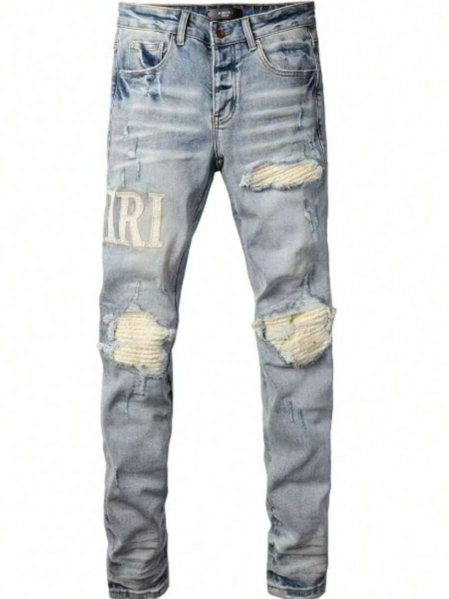 Stitched Embroidered Vintage Slim Fit, Small Leg Pants, Men's Trousers, Ripped Patch Jeans, Men - 8831 - View 1