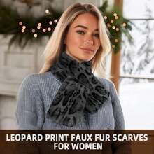 Womens Fur Collar Scarf Leopard Print Faux Fur Scarves For Women, Neck Shrug For Spring Fall Winter,LeopardPrintGrey - 豹紋灰色 - 查看 6