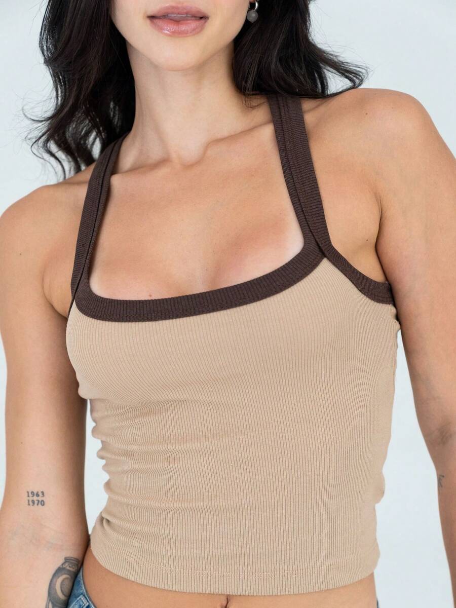 Women's Ribbed Tank Top, Cotton With Elastane - Xu hướng Nâu - Xem 1