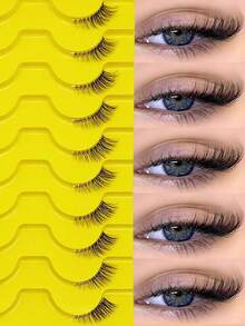 10对自然半片猫眼透明带假睫毛，蓬松轻盈3D仿貂毛假睫毛套装，柔软条状假睫毛 - 适合角色扮演、睫毛、假睫毛 - 黑色 - 查看 3