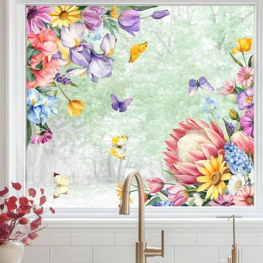 Tanlaby Daisy Flowers Window Clings Spring Summer Floral Butterfly Window Stickers Double-Sided Static Sticker Anti-Collision Glass Decal For Mirror Glass Windows Doors Bathroom - trắng - Xem 1