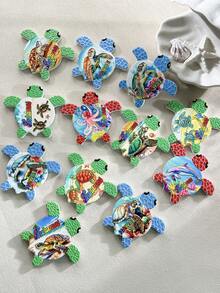 1pc Random Pattern Cute Ceramic Sea Turtle Shaped Fridge Magnet With Embossed Golden Ocean Life Design, Suitable For Home Decor, Daily Use, Travel, Beach, Birthday, Commemorative Gift - Multicolor - View 3