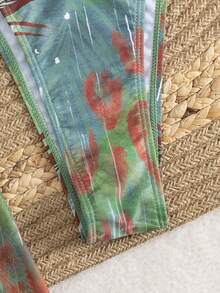 3pcs/Set Women's Sexy Floral Print Bikini With Backless Pearl Knot Criss-Cross Swimsuit And Mesh Skirt, Summer