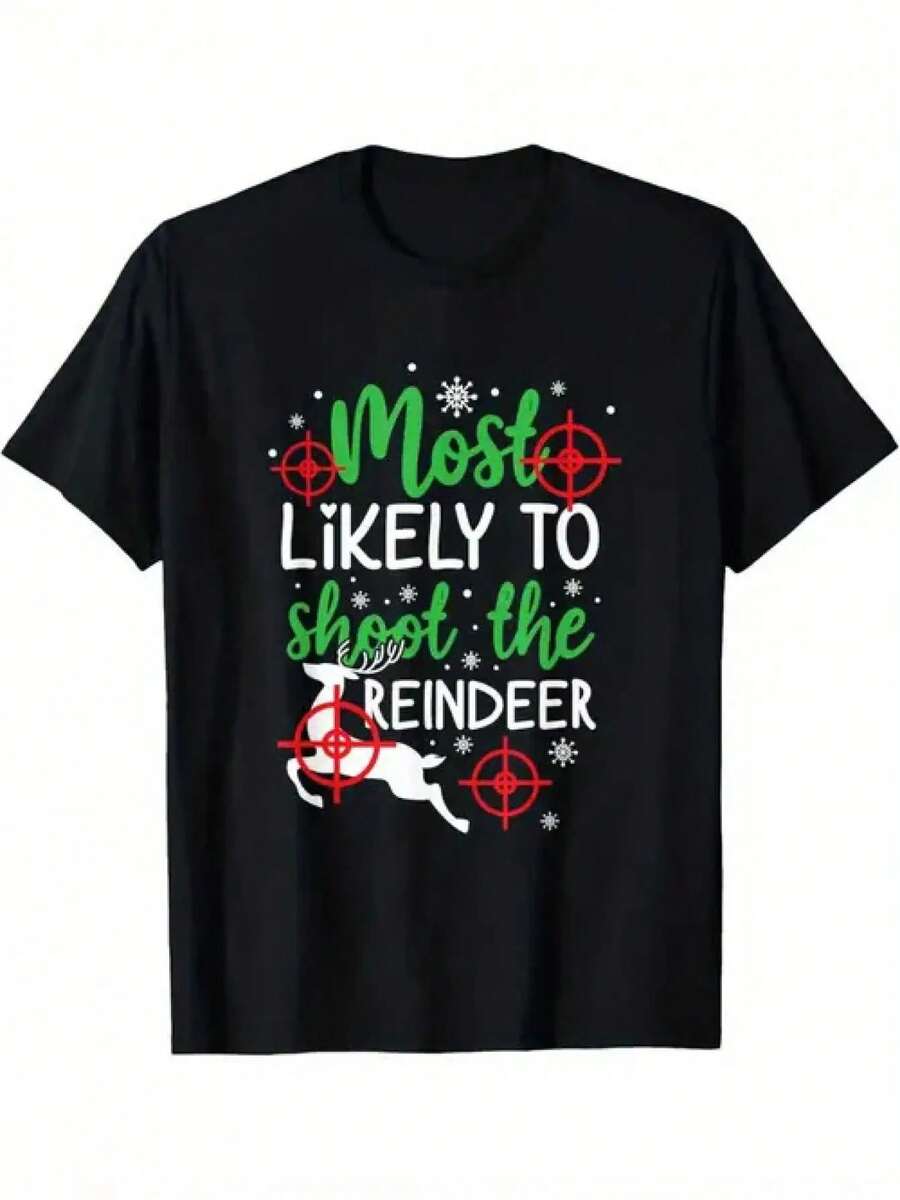 Camiseta Navideña Divertida para Hombres - Diseño de Humor de Caza "Más Probable que Dispare al Reno" con Iconos de Cruz y Rifle - Camiseta de Manga Corta Suave y Transpirable para Fiestas Navideñas, Regalos, Ropa Casual - Atuendo Casual Negro para Cazadores - Negro - Ver 1