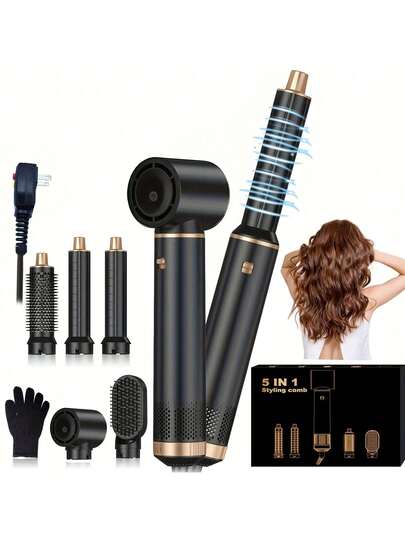 5 In 1 Hair Dryer Brush Hot Air Curling Brush Negative Ion Air Styler,Multi Function Blow Dryer Brush With Curling Wand, Straightening Brush, And Volumizing Hot Air Brush For All Hair Types(Black)