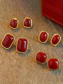 8件套复古优雅时尚港式红色锚形耳环，百搭别致几何耳环，尽显高端气质，适合女性度假、派对、约会、订婚、婚礼、日常佩戴 - 金黃色 - 查看 2