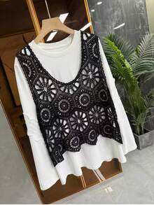 女士时尚黑色镂空钩编不对称下摆无袖宽松休闲针织毛衣上衣 - 黑色 - 查看 5
