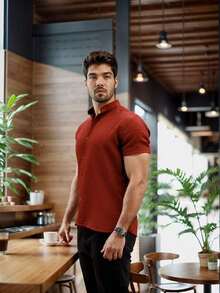 Men's Short-Sleeve Shirt With Mandarin Collar And Linen-Look - Assorted Colors - Comfortable - 亮橙色 - 查看 5