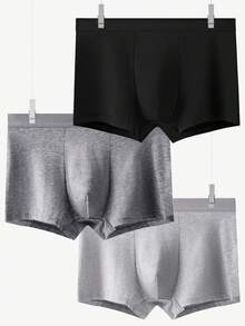 3pcs/Pack Men's Breathable Cotton Solid Color Boxer Briefs, Comfortable Sports Plus Size Trunks - Multicolor - View 2