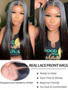 4x4 透明蕾丝前假发，200% 密度直发真人发假发，漂白发结，易于佩戴，无胶蕾丝直发真人发假发设计，适合女性日常佩戴，200% 密度直发真人发假发 - Natural Black - 查看 5