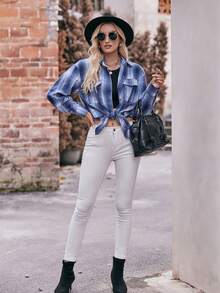 Camisa De Cuadros Para Mujer, Camisas De Gran De Manga Larga Para Mujer, Camisas De Moda Manga Larga Con Botones A Cuadros Para Mujer, Ajuste Holgado, Con Botones, Clásica A Cuadros, Camisa De Moda Informal Elegantes - Azul - Ver 4