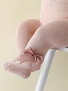 1pc Girls Solid Color Bow Leggings, Infant & Children Tight Pants, Breathable, Comfortable, All Season, Suitable For Daily Life