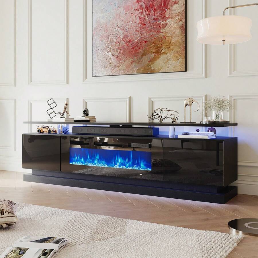 AOXUN [2 Packages Shipping]70" Modern Fireplace TV Stand With 36" Electric Fireplace For TVs Up To 80", Luxury LED-Lit Entertainment Center With High-Gloss Grey Cabinet,Thanksgiving,Christmas Gift. Black TV Stand With Black Fireplace. - 查看 1