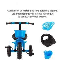 Triciclo para niños de 2 a 6 años, con cesta y espacio de almacenamiento delantero y trasero para llevar botellas de agua y juguetes. - Azul - Ver 4