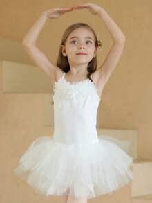 Young Girl Cute Floral Decor Spaghetti Strap Tutu Skirt, Children Ballet Dance Leotard - White - View 3