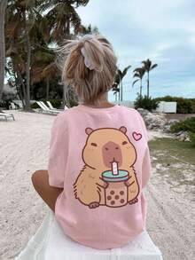 女童和青少年学生休闲印花深灰色圆领短袖T恤，夏季上衣