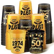 D50 Pcs Happy 50th Birthday Cups 12 Oz 1974 Birthday Party Cups Gold And Black Plastic Stadium Cups Reusable Drink Tumblers Drinkware For Men Woman 50 Years Birthday Party Decorations Plies - 金黑 - 查看 1