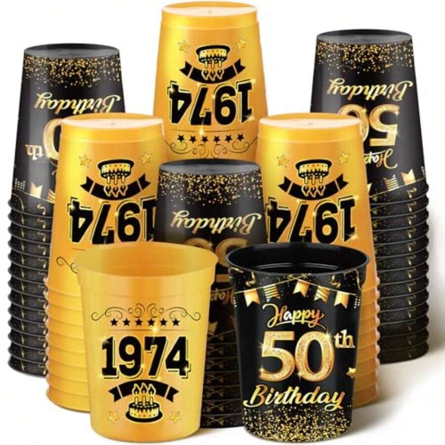 D50 Pcs Happy 50th Birthday Cups 12 Oz 1974 Birthday Party Cups Gold And Black Plastic Stadium Cups Reusable Drink Tumblers Drinkware For Men Woman 50 Years Birthday Party Decorations Plies - 金黑 - 查看 1