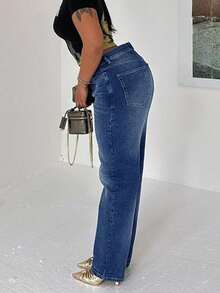 Women's Straight Leg Washed Denim Jeans With Cat Whisker Details, Long Casual Non-Stretch Pants - Dark Wash - View 2