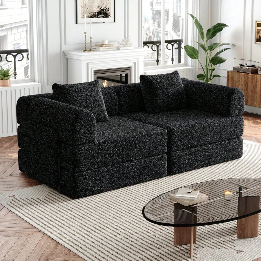 Sofá Cama Chenille 2 en 1 con Almacenamiento en el Reposabrazos, Tres Estructuras Metálicas y Múltiples Opciones de Configuración. Conjunto de Dos Piezas - Negro + Chenilla + 2 Asientos - Ver 1