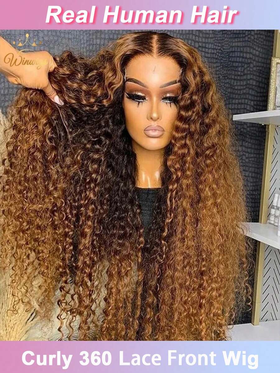 4/27 渐变色浸染隐形蕾丝假发，360°蕾丝前假发，预先拔毛的真人发丝，150%密度，杰瑞卷发，全蕾丝前假发带婴儿发，38英寸