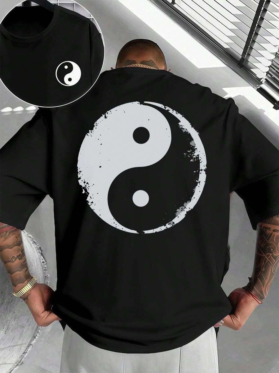 Camiseta negra desgastada Yin Yang de algodón premium, cuello redondo, corte holgado, cómoda, estilo urbano hip-hop, estampado a doble cara - Negro - Ver 1