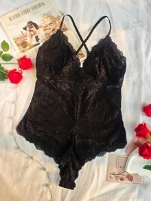 1pc Plus Size Women Lace Deep V Hollow Sexy Lingerie Jumpsuit