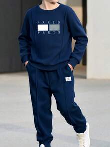 男童休闲字母印花圆领卫衣和运动裤两件套，时尚运动装，适合户外和日常穿着 - 藏蓝色 - 查看 6