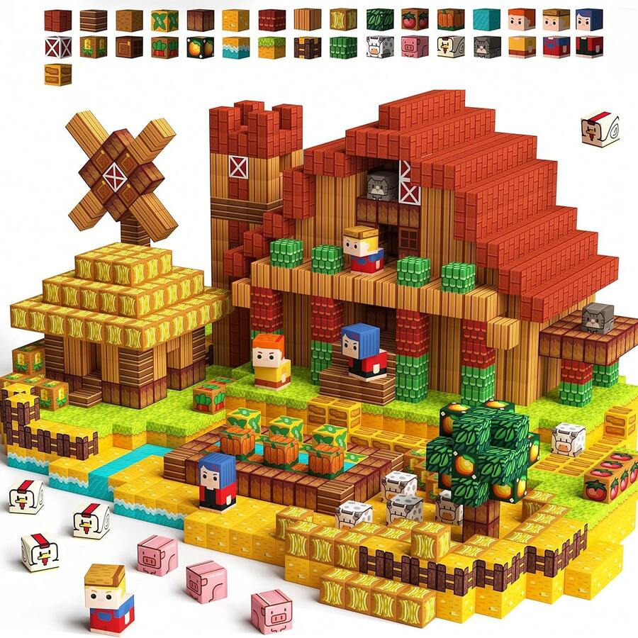 48/100/200/300pcs Magnetic Building Blocks, 0.78 Inch, Magnetic Bricks For Mining World, Farm Life, Farming And Raising Animals, Cozy Home Series Building Cubes Toy Set, STEM Educational Sensory Toys, Best Christmas, Halloween, Birthday Gift For Kids 3+ Years Old Boys And Girls, 2026 Model - Multicolor - View 1