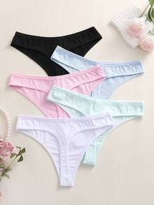 FINETOO 5件套 女士纯色V腰舒适休闲基本款性感丁字裤 - 彩色 - 查看 3