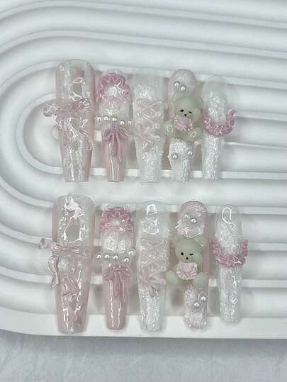 10PCS French Tip Lace Handmade Press On Nails 3D Sweet Cute Bear Gypsum Bow Pearl Fake Nails Pink Lolita Long Nail Art Nail Supplies(1 Sheets Jelly Stickers+1PC Nail File) Handmade Press On Nails