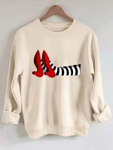 Women's Red & Black Striped Iconic High-Heel Shoe Print Sweatshirt - Wizard Of Oz Inspired Casual Crewneck Sweater, Machine Washable Long Sleeve Blouse For Halloween Costumes & Casual Attire, Sweaters For Women, Halloween Sweater, Sweatshirt For Women, Halloween Sweaters For Women, Fall Clothes For Women, Womens Tops, Women Clothes, Sweatshirt WomenWomen's Crew Neck Sweatshirt, New Autumn/Winter Arrival For Everyday Casual Wear Unisex Plus Size Sweatshirts - 黑色 - 查看 11