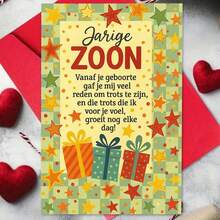 بطاقة تهنئة عيد ميلاد هولندية "ابني العزيز" مع ظرف - بتصميم نجمة احتفالية وهدية، مثالية للهدايا لابن هولندي، مناسبة لاحتفالات عيد الميلاد، بطاقة تهنئة