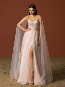 VIPGIRL Elegant Pink Mesh Evening Gown - Pink - View 3