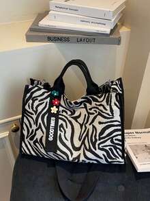 Fashionable Versatile Fabric Bag, Commuter Zebra Print Handbag - Black and White - View 7