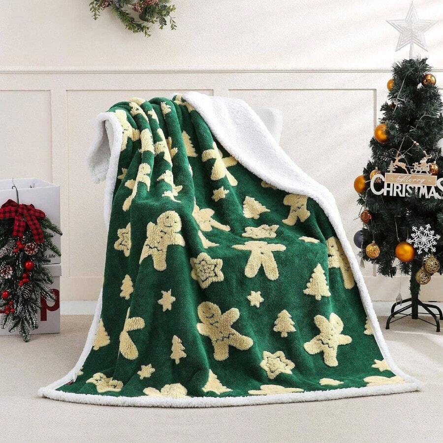 Gingerbread Holiday Jacquard Sherpa Fleece Throw Blanket, Fuzzy Warm Soft Reversible Plush Blanket Bed, Sofa And Couch, 50x 60 Inches, Green - 50"*60" + Green Gingerbread - View 1