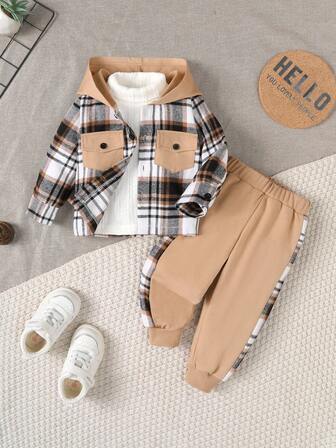 BrownBark 2pcs Boys Casual Outdoor Set, Plaid Pocket Hooded Long Sleeve Shirt + Relaxed Fit Pants, Autumn/Winter Children Clothing