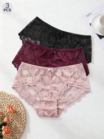 FINETOO 3条装花卉蕾丝性感女士内裤，柔软舒适，尺码S-XXL