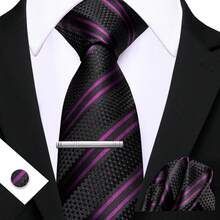 4pcs Men's Business Tie Dark Grey Black Plaid Checks Geometric Floral Jacquard Ties Formal Fashion Necktie Hanky Square Clip Set Wedding Party Gift - Multicolor - View 23