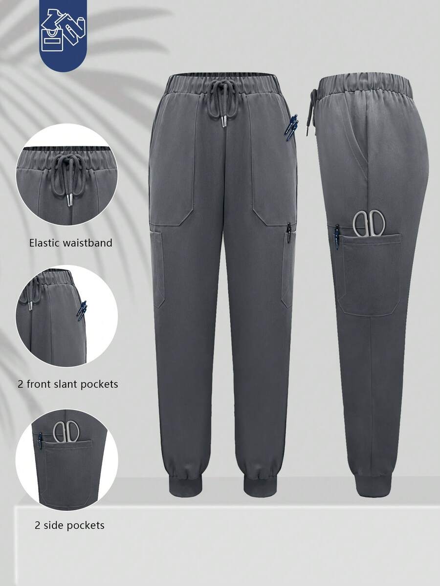 cimmuovere Women's Scrubs Pants With Multiple Pockets, Drawstring, Ribbed Hem, Solid Color Nurse Scrubs Workwear For Dentist, Healthcare, Pet Hospital, Laboratory