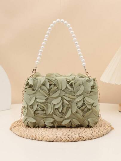 1pc Elegant 3D Rose Flower Shoulder Bag, Metal Chain Crossbody Bag, Faux Pearl Handbag, Women's Party Dress, Party Bag, Holiday Party Dress, Valentine's Gift, Bridal Bag, Bridesmaid Bag, Suitable For Party, Date, Wedding, Evening (Pattern Random) 1pc Fashionable Floral Handbag, Pearl Decor Chain Shoulder Bag, Floral Fabric, New Summer Fashion Women Bag, Versatile Crossbody Bag, Shoulder Bag, Lightweight Clutch Suitable For Party, Nightclub, Shopping, Date